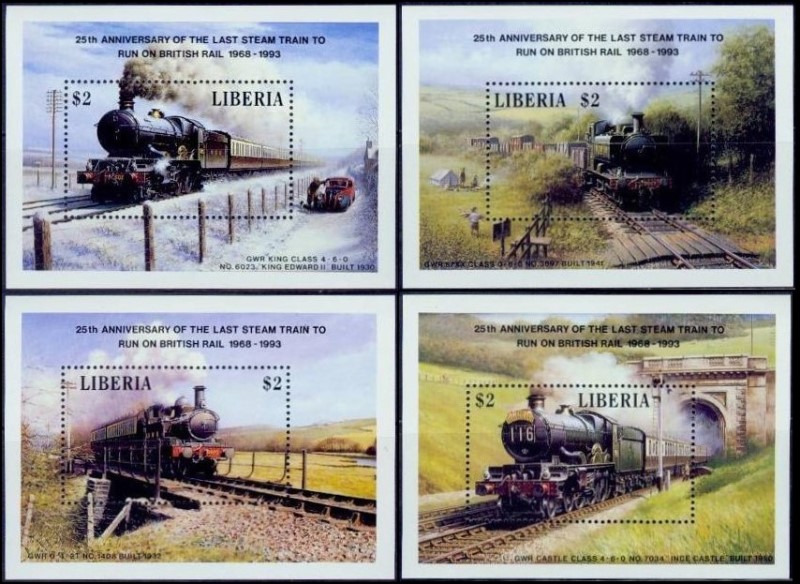 Liberia 1988 Trains and Locomotives Souvenir Sheet Set Overprinted Liberia 1988 Trains and Locomotives Souvenir Sheet Set Overprinted
